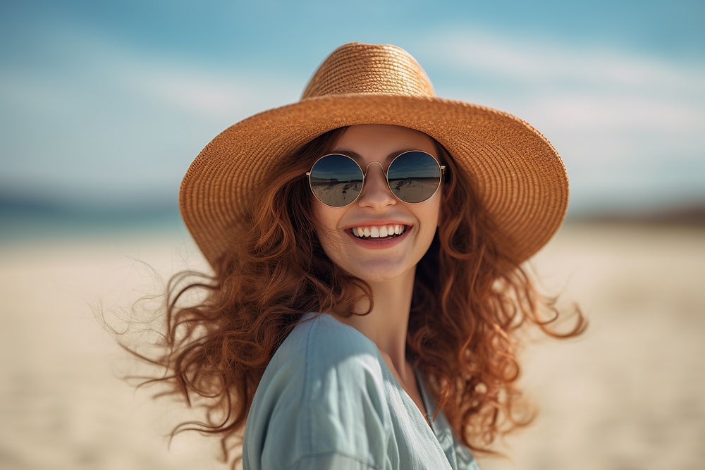 brown hair Happy smiling Young beautiful women wear a hat and s